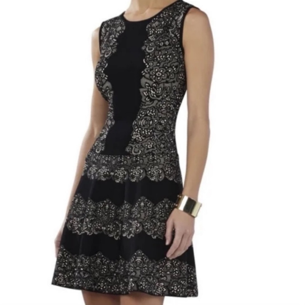 BCBGMAXAZRIA Wilma Black Cream Jacquard Lace Fit and Flare Dress Sleeveless XS‎